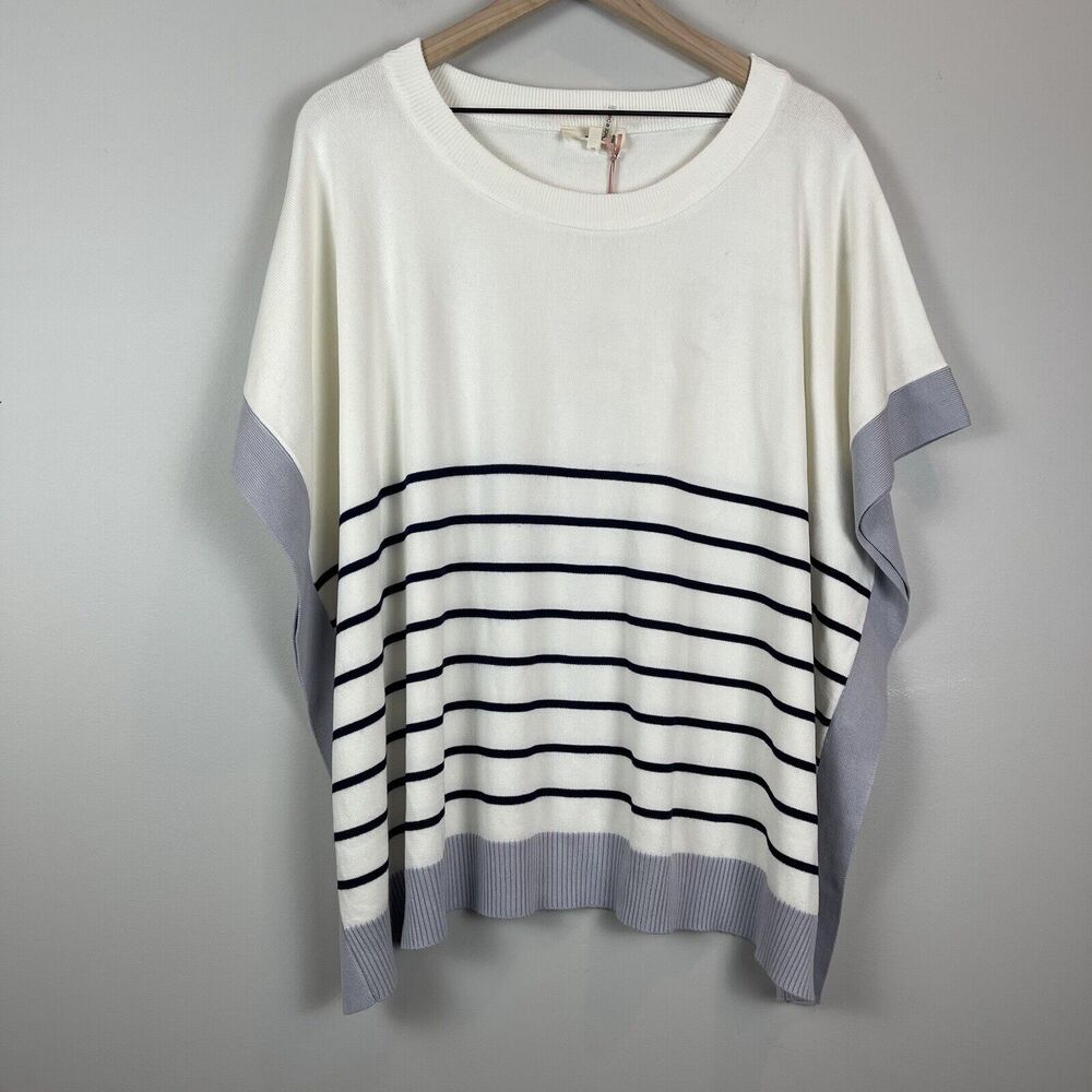 Entro Womens Poncho Top Large Striped Round Neck Knit Sweater Heavy Coastal